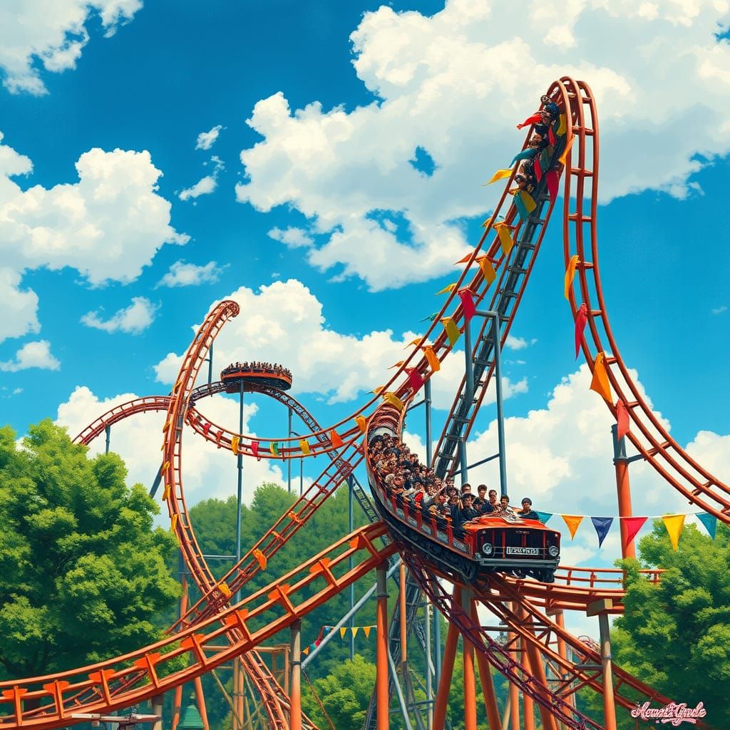 Vibrant Roller Coaster Scene in Gouache Paint