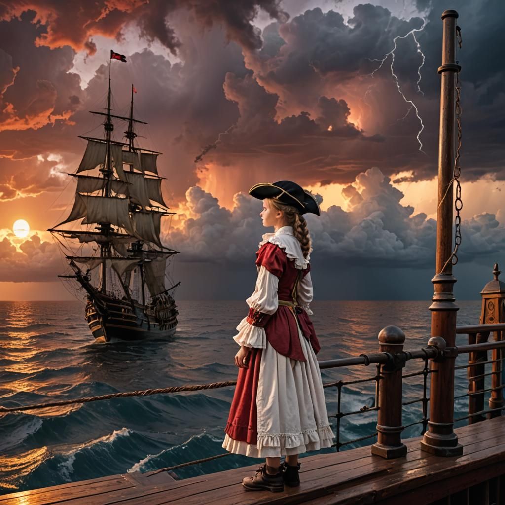 Girl on Pirate Ship at Sunset, Watching Storm