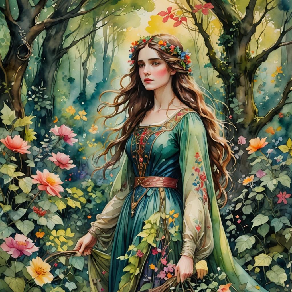 Regal Woman in Fantasy Forest, Watercolor Style