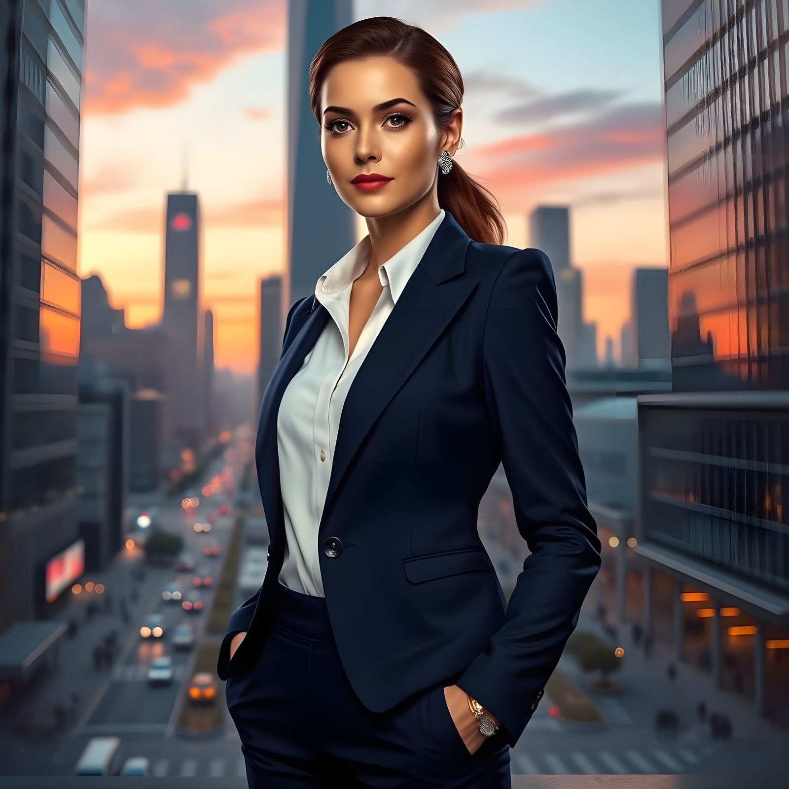 Confident Futuristic Businesswoman in Cityscape