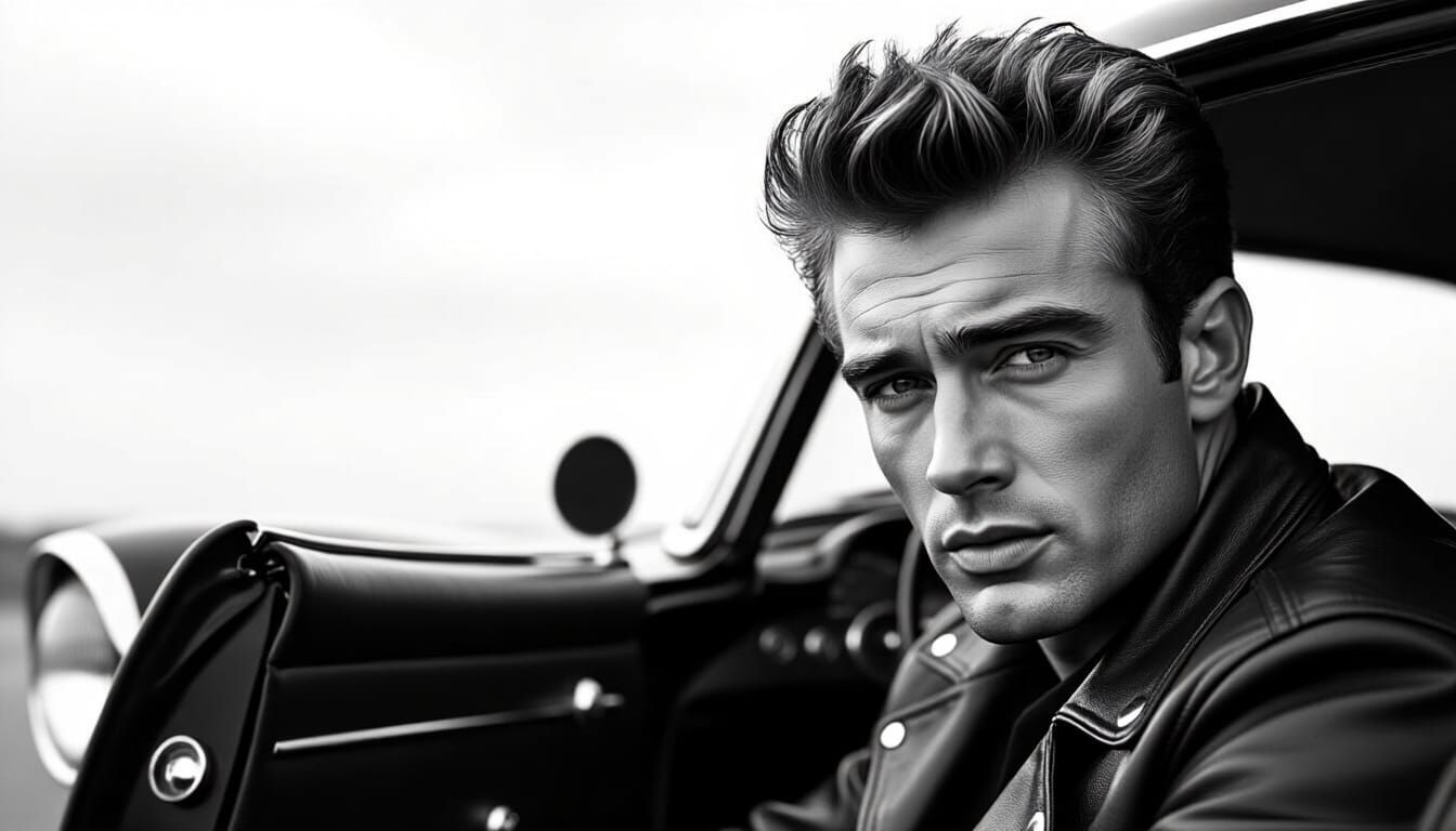 James Dean Portrait with Sports Car, Dramatic Lighting