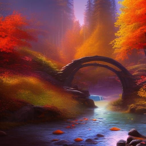 Cozy Autumn Woods Bridge at Sunset