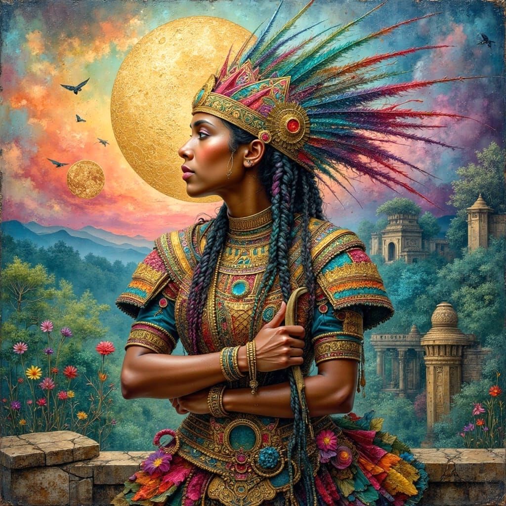 Mayan Warrior in Surreal Oil Painting