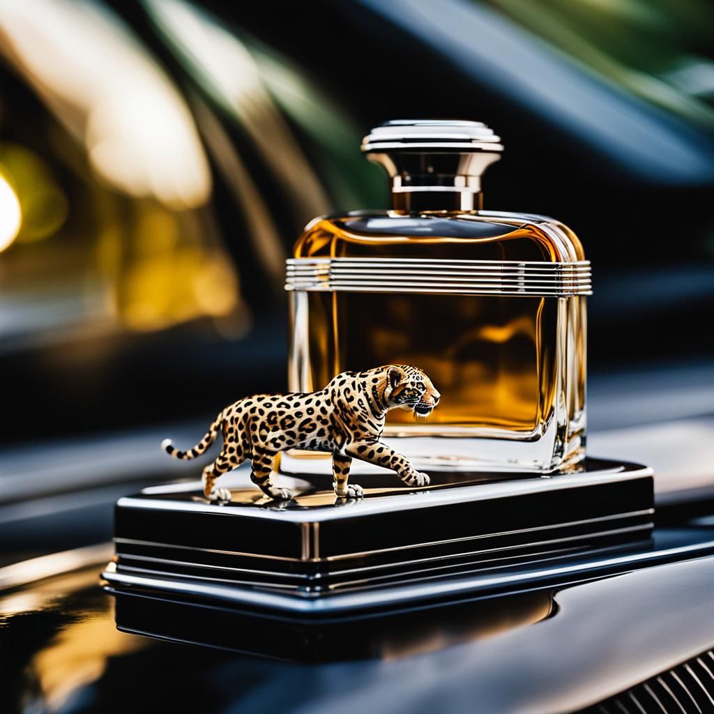 Perfume Bottle Ad with Jaguar on Car Hood