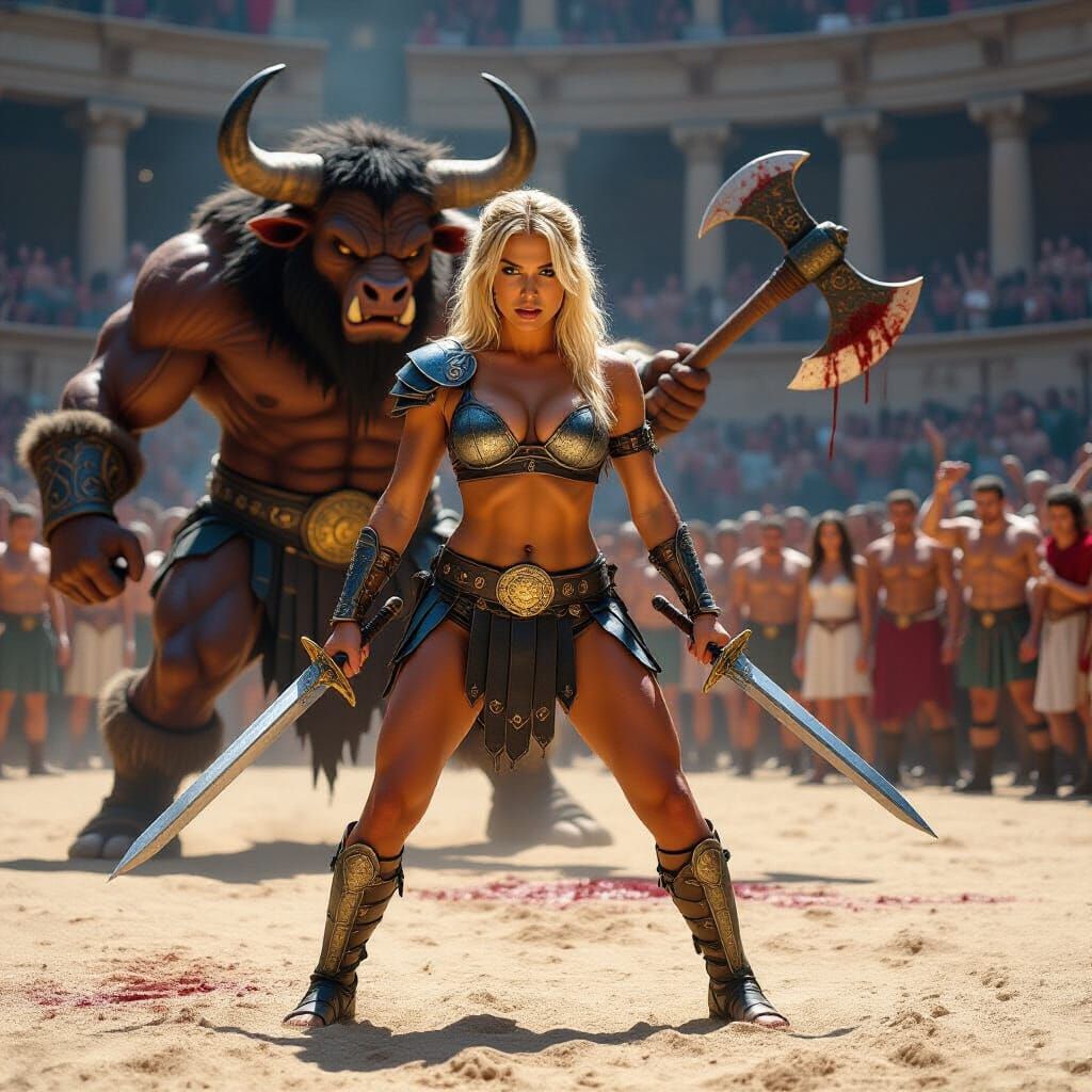 Britney Spears Battles Minotaur in Roman Arena