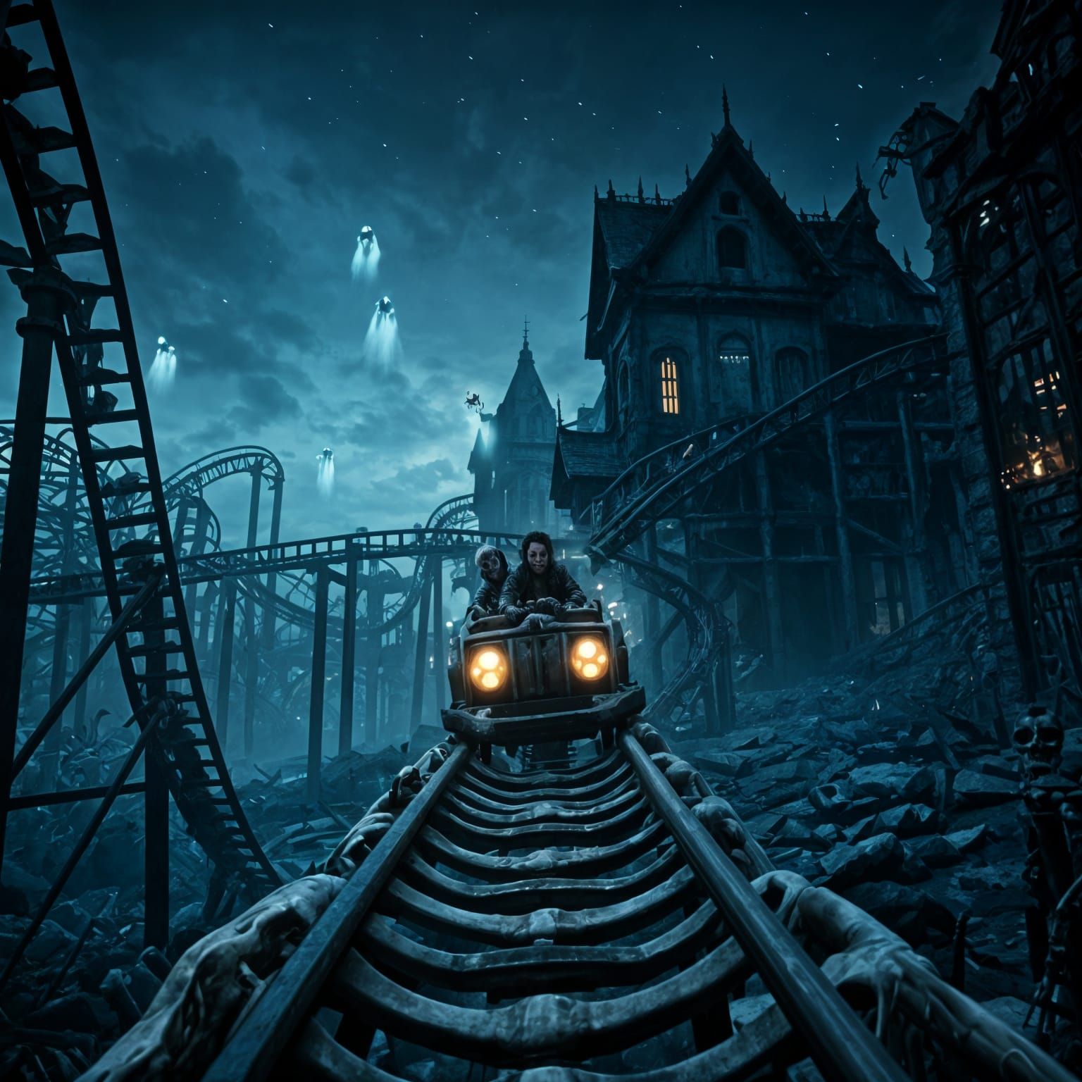 Haunted Roller Coaster Ride into Dilapidated House