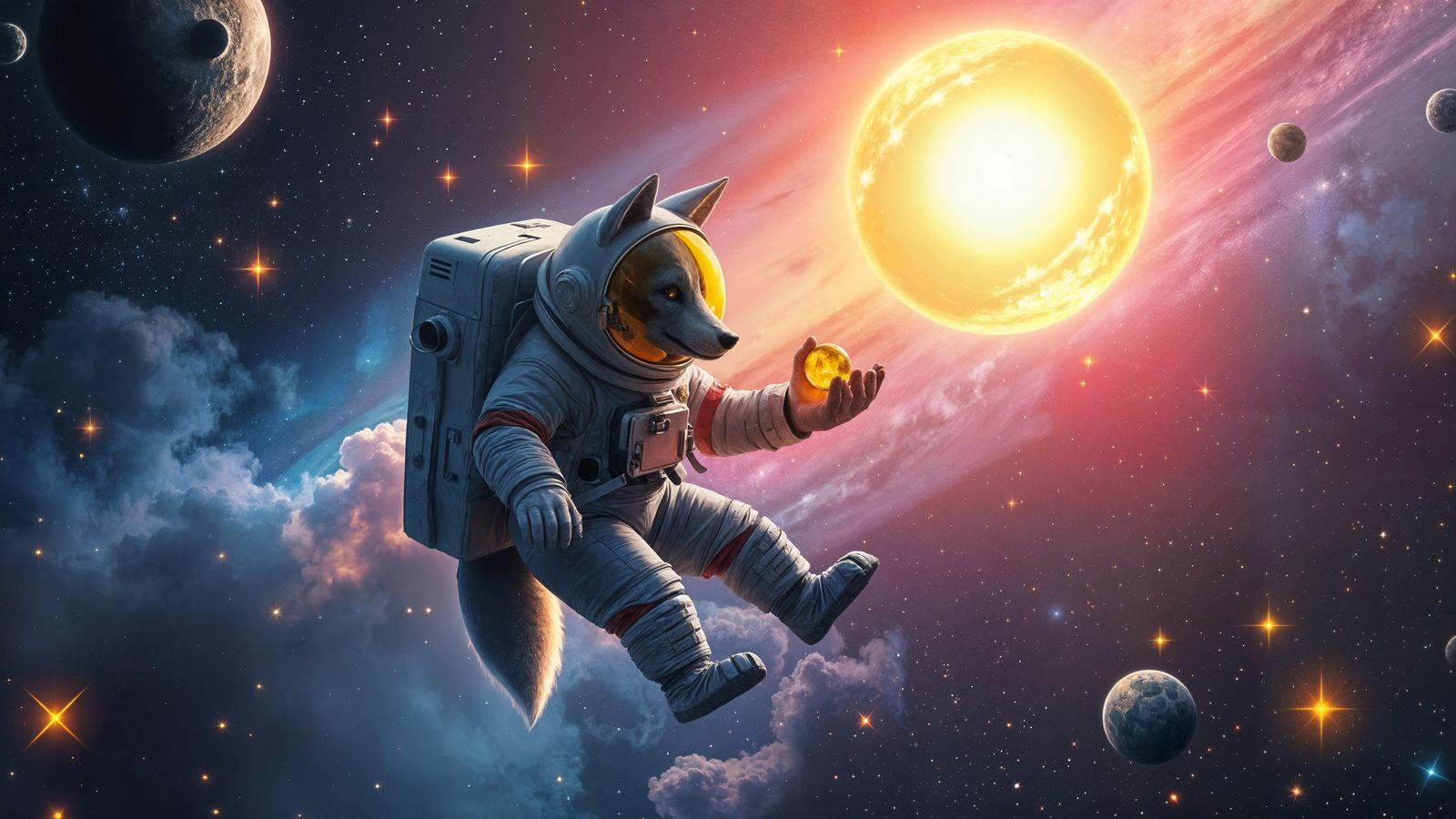 Astronaut Wolf in Space with Melting Gold