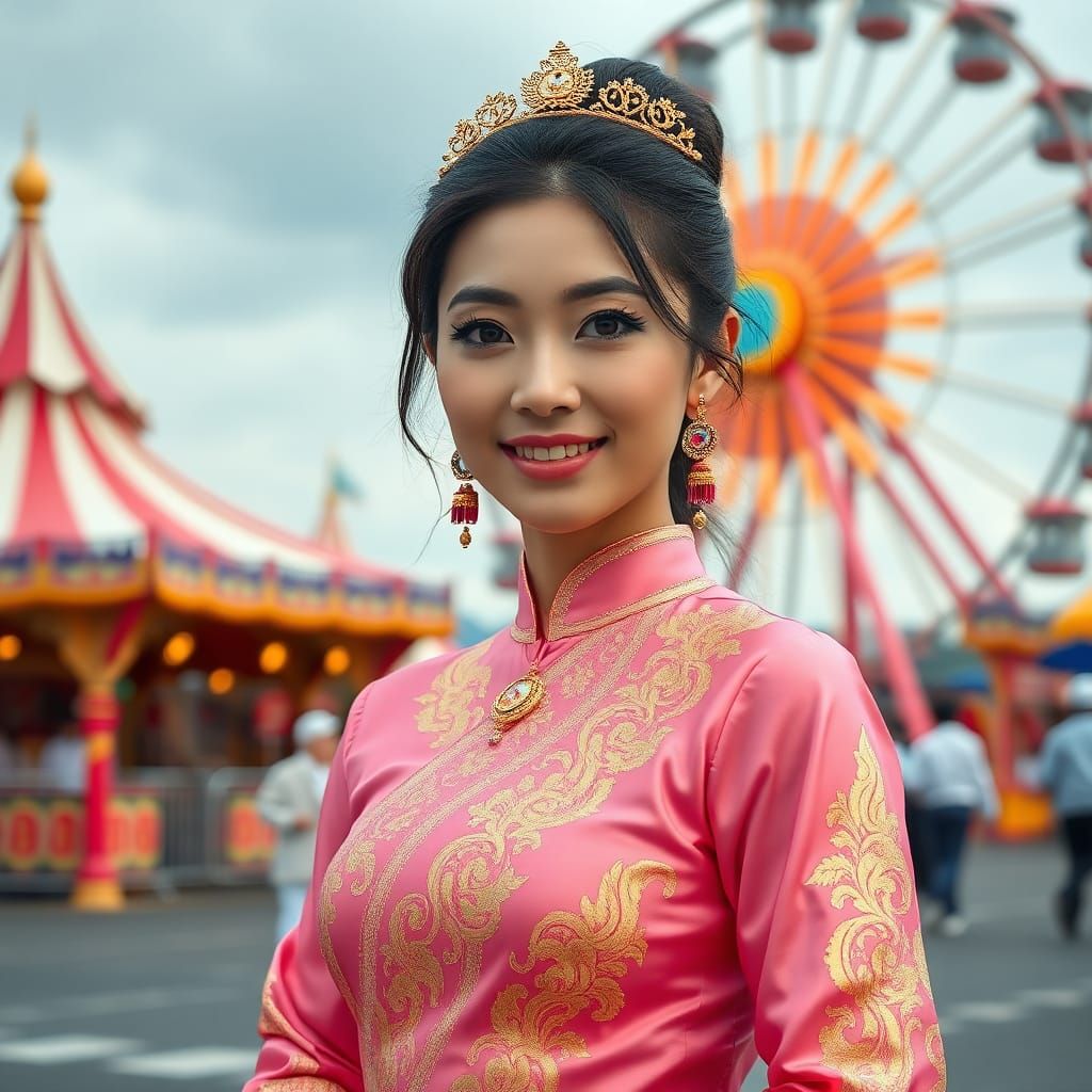 Asian Woman in Traditional Dress at Amusement Park