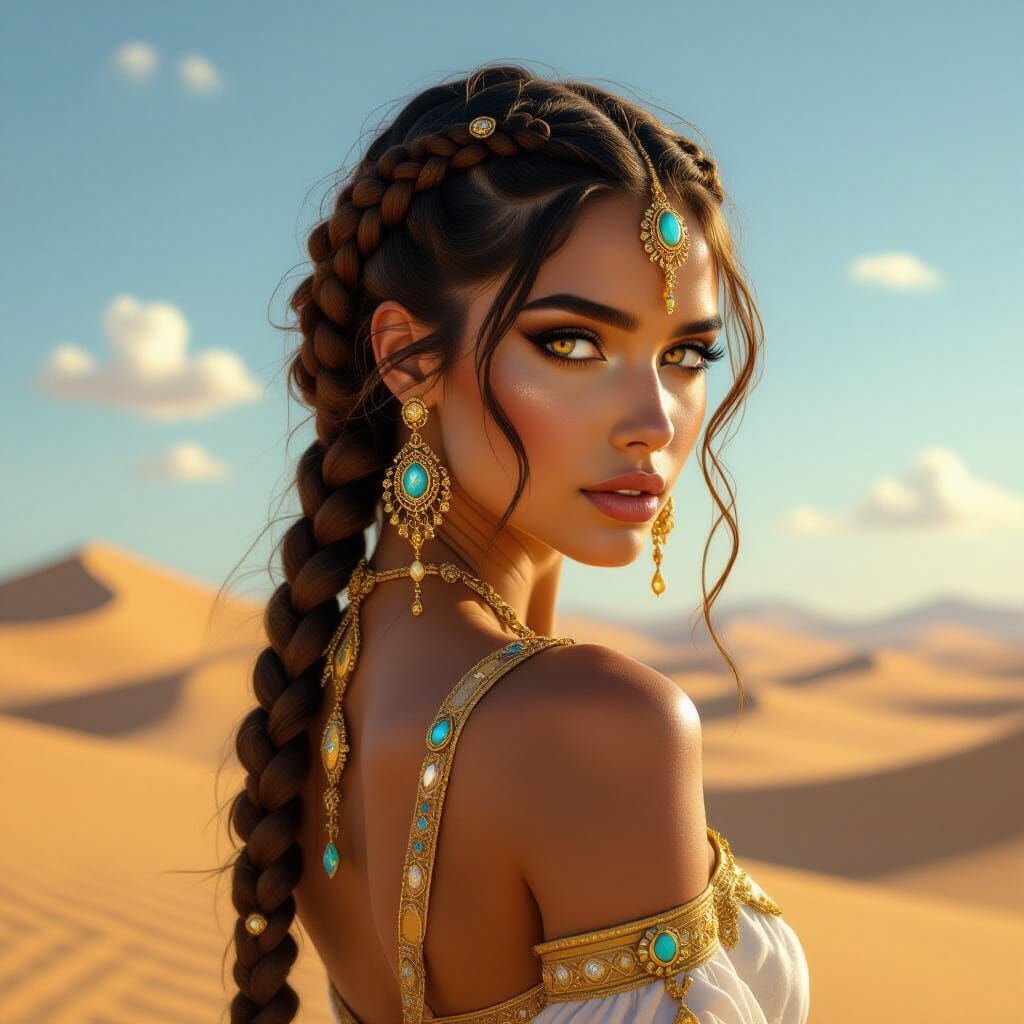 Golden Desert Woman with Braids in Art Nouveau Style