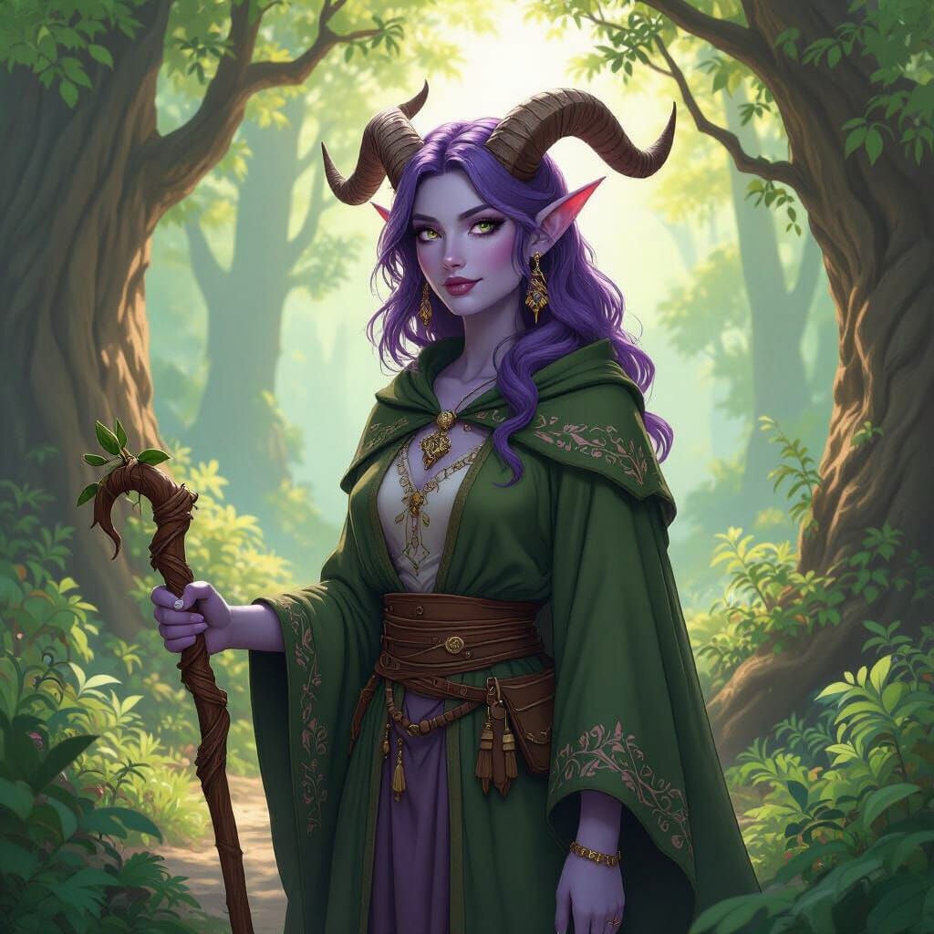 Tiefling Druid in Mystical Forest, Digital Art