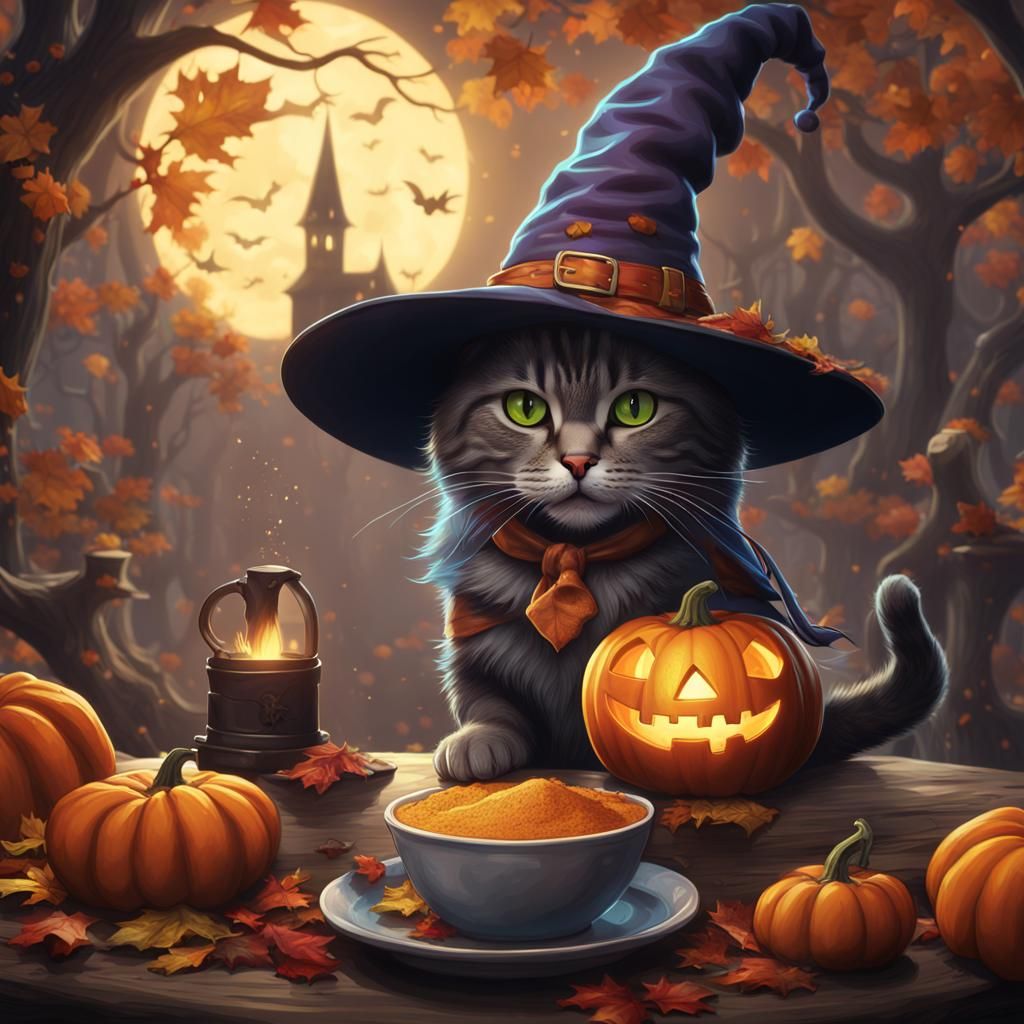 Cat in Witch Hat Drinks Pumpkin Spice Drawing