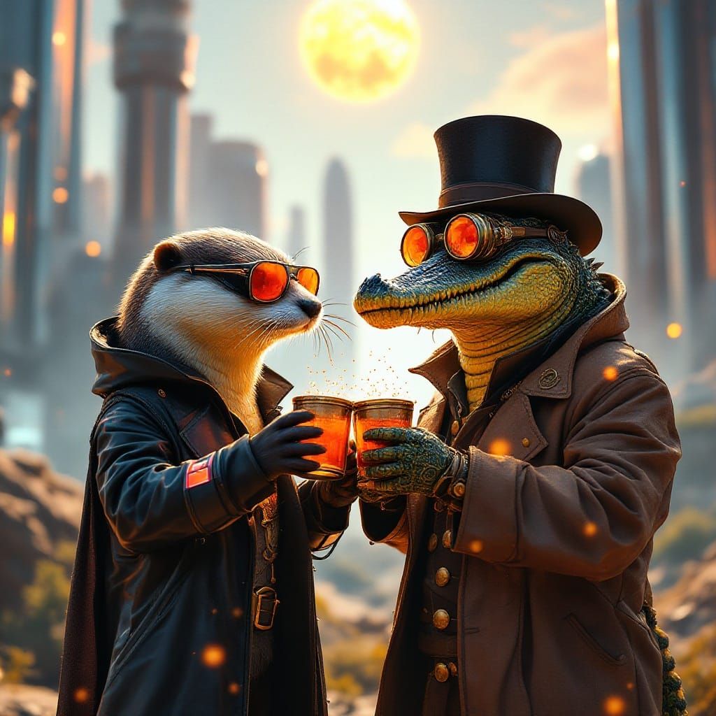 Distant Planet Sunset with Cyberpunk Otter and Steampunk Cro...