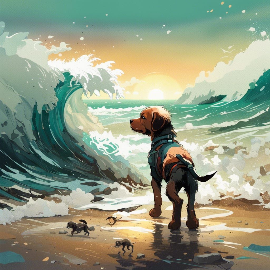 Puppy on Beach with Wave, Detailed Digital Art