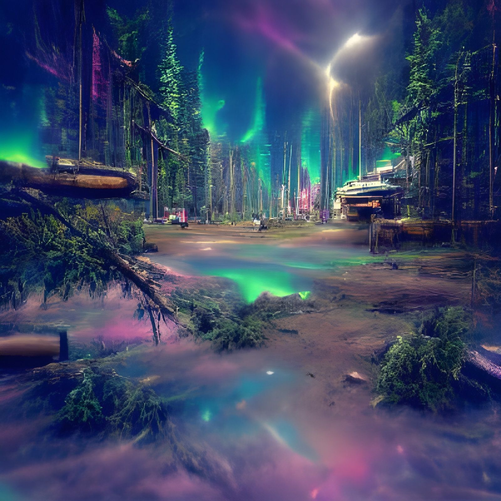 Post-Apocalyptic Forest with Aurora in Hyperdetailed Style