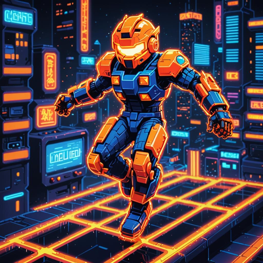 Pixel Art Arcade Character in Neon City