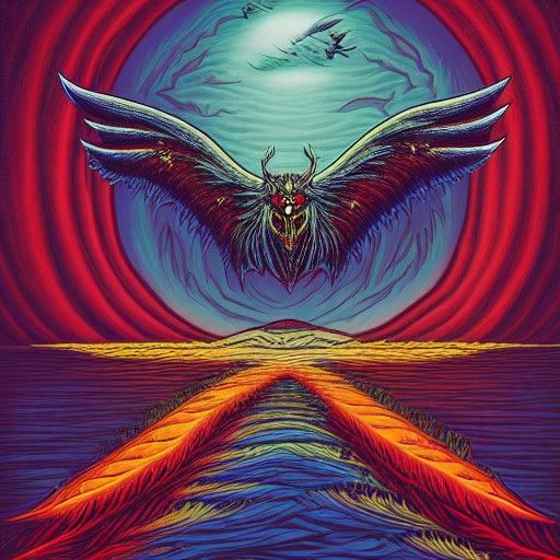 Winged Demon Over Lake, Dark Fantasy Illustration