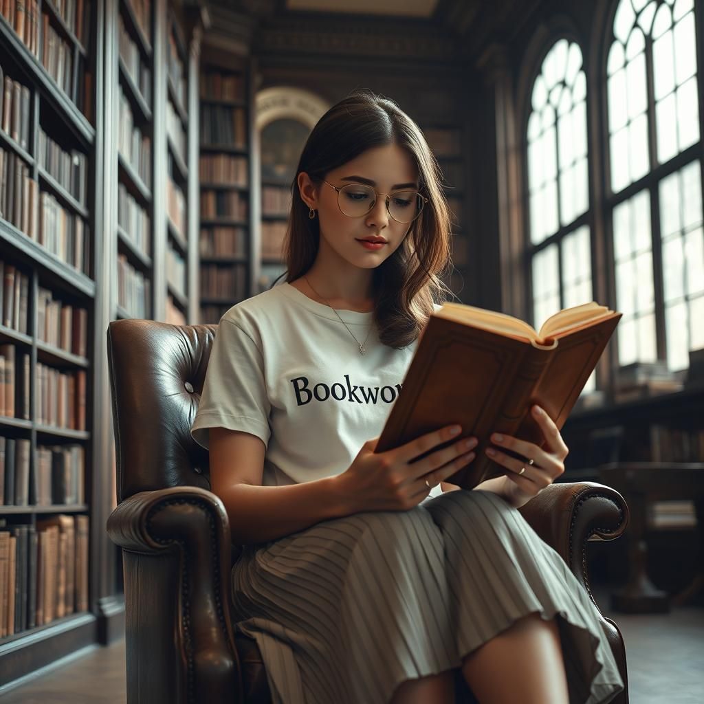 Woman Reading in Library, Photorealistic Fine Art