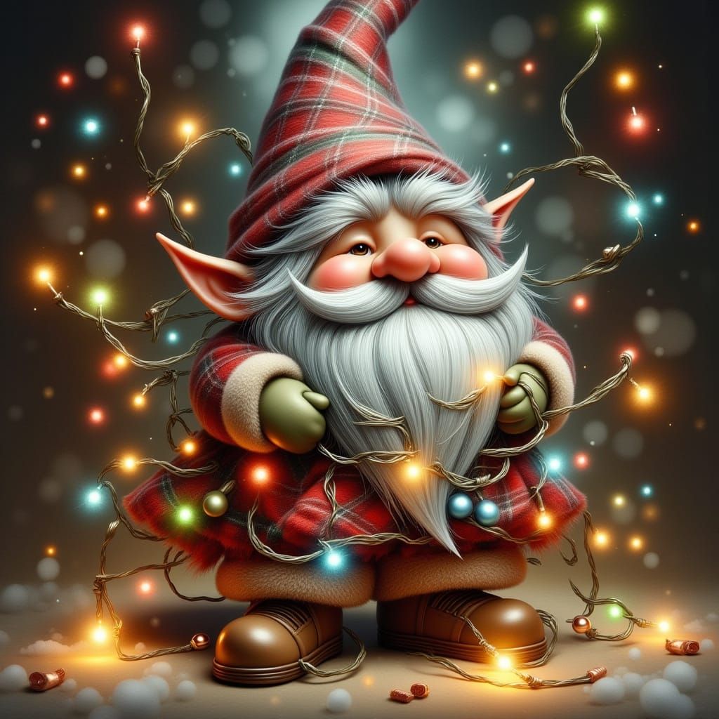 Chubby Gnome Tangled in Christmas Fairy Lights