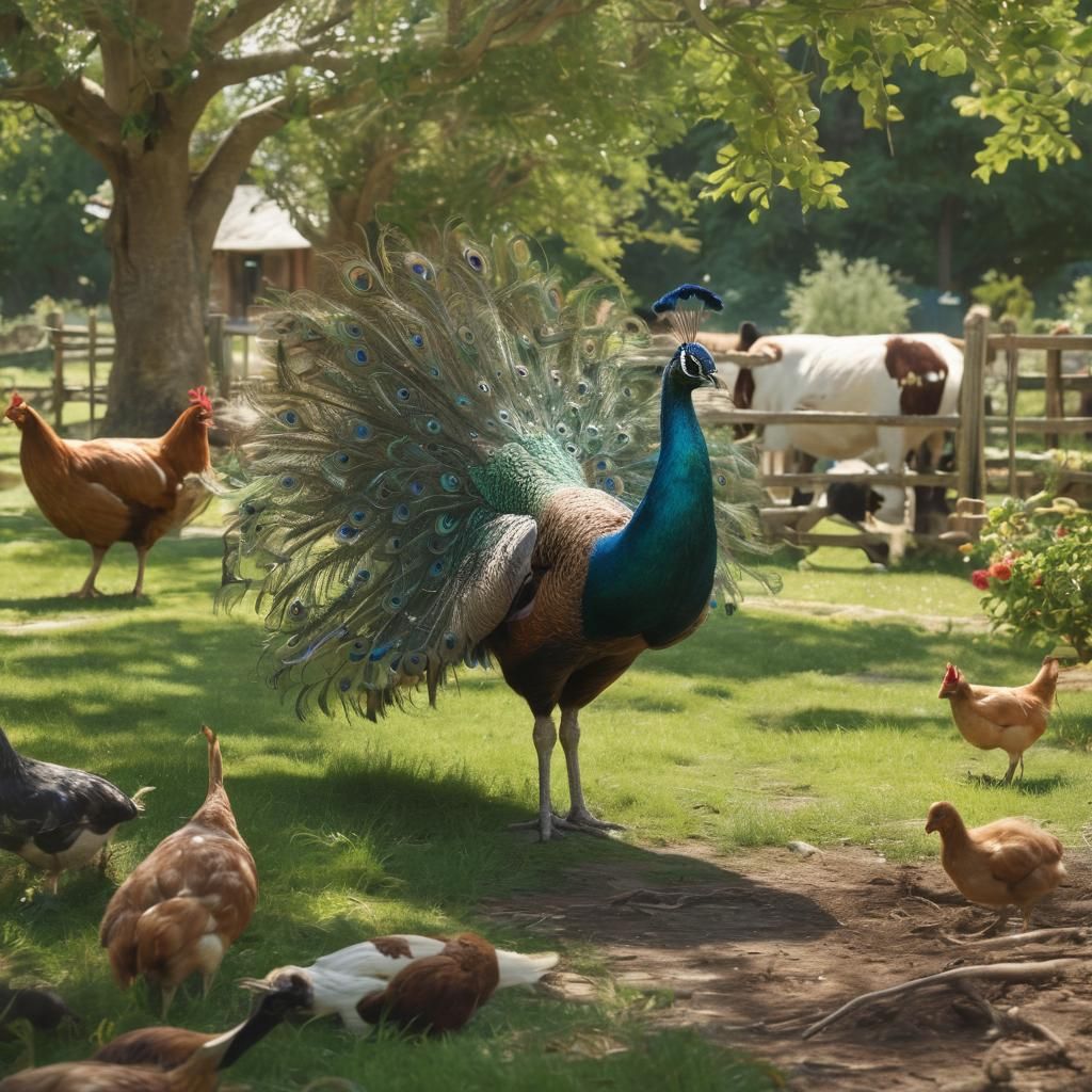 Vibrant Peacock in Lush Farmyard Landscape