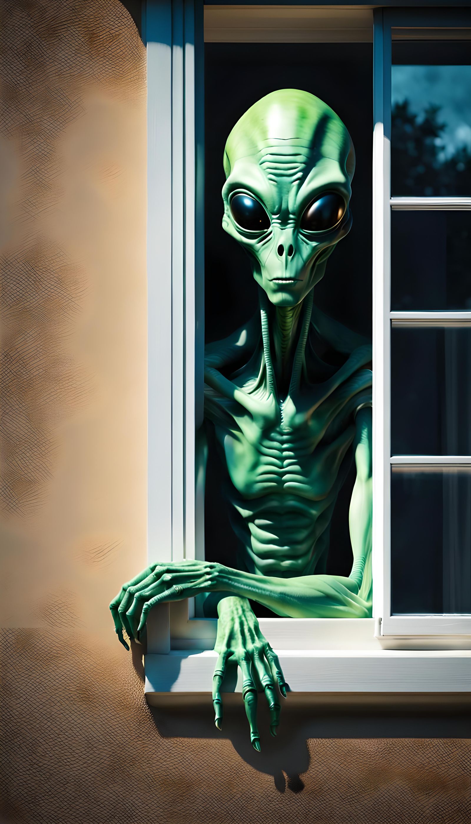 Realistic Alien Observes House From Window