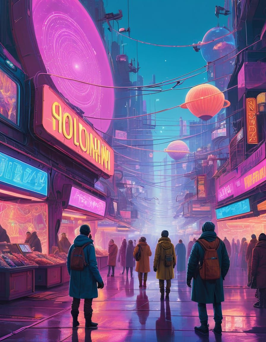 Surreal Cyberpunk Bazaar Scene in Vibrant Hues