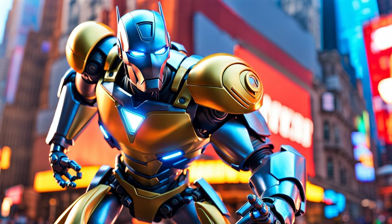 Robot Superhero Toy in City Diorama, 3D Digital Art