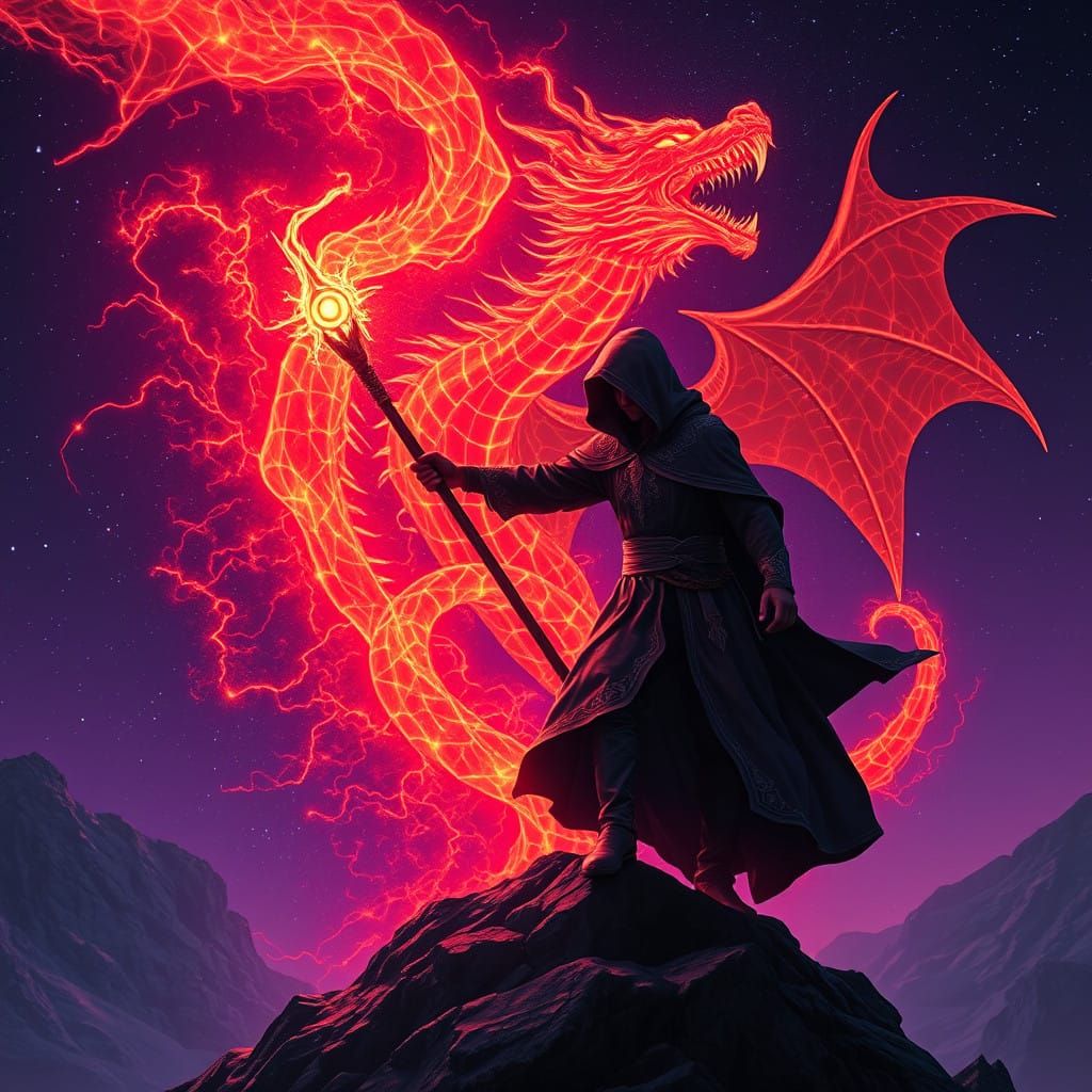 Mystical Dragon Summoned by Hooded Mage in Dark Fantasy Scen...