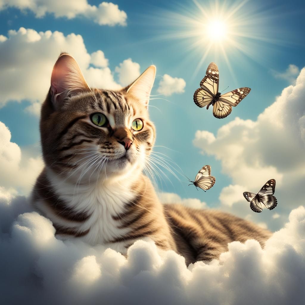 Cats and Butterflies Play in Sunlit Clouds