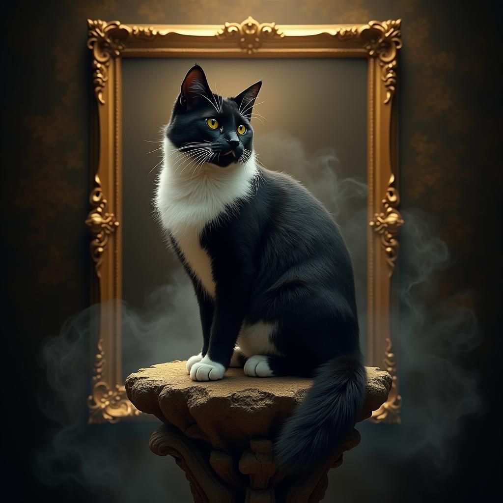 Mystical Black and White Cat in Baroque Frame