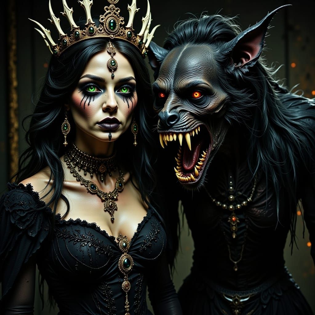 Eerie Dark Witch with Bone Crown and Angry Beast