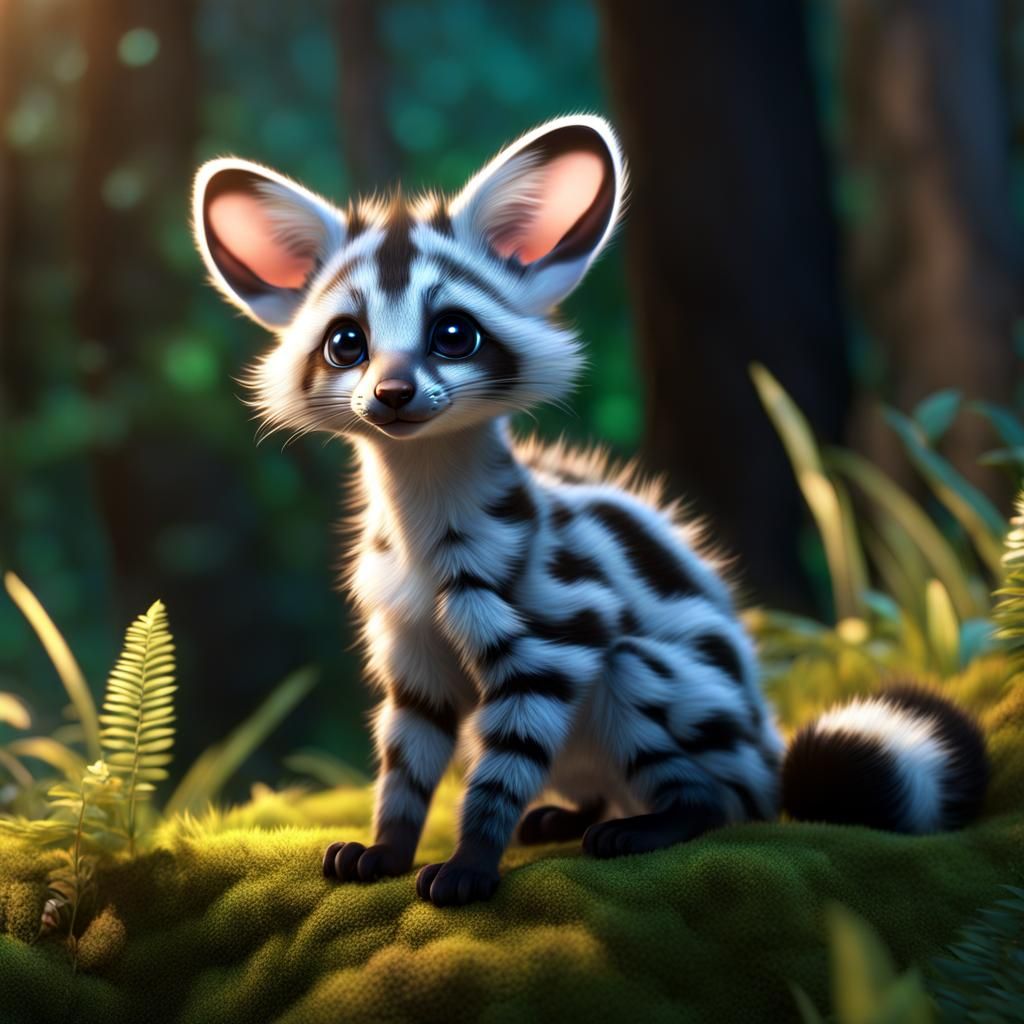 Adorable Fluffy Baby Spotted Genet in Dreamy Forest