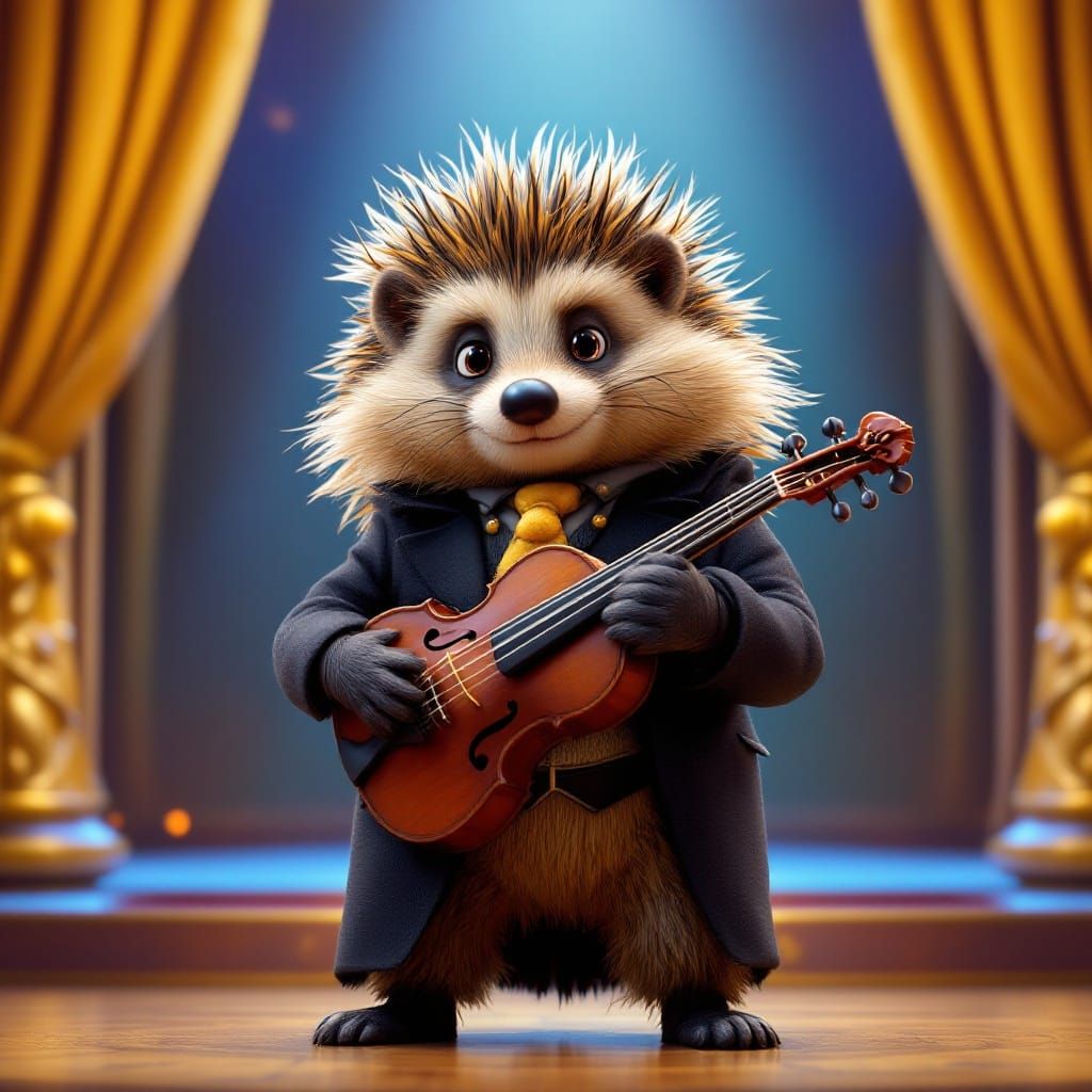 Dapper Hedgehog Performs on Stage in 3D Digital Art