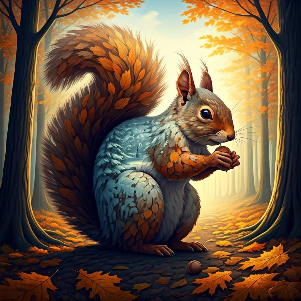 Autumn Woodland Reveals Winter Squirrel: Oil Painting