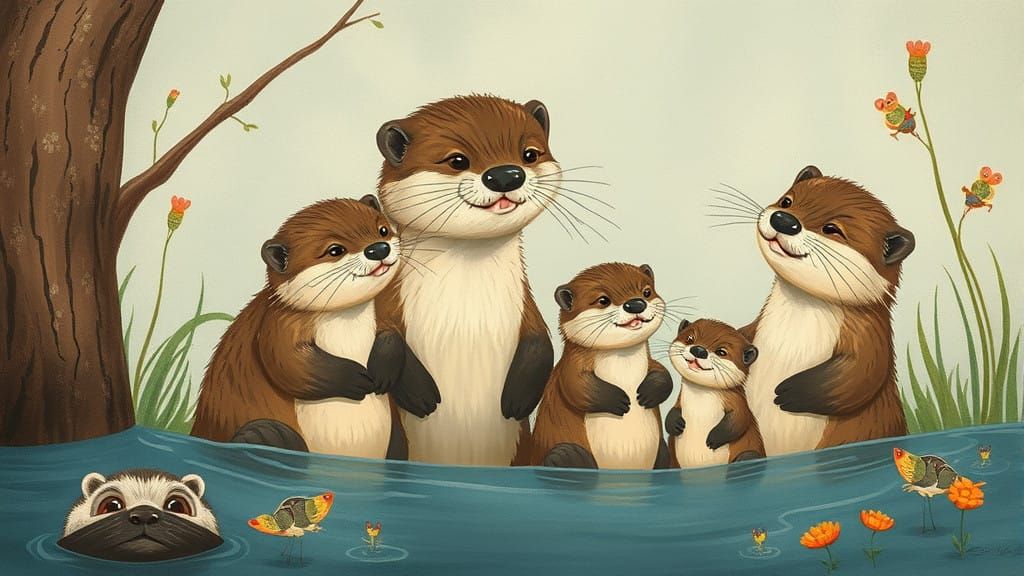 Adventurous Otter Family Sailing in a Sunlit Bay