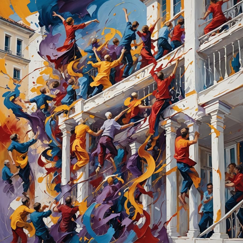 Abstract Expressionist Balcony Collapse in Vibrant Colors