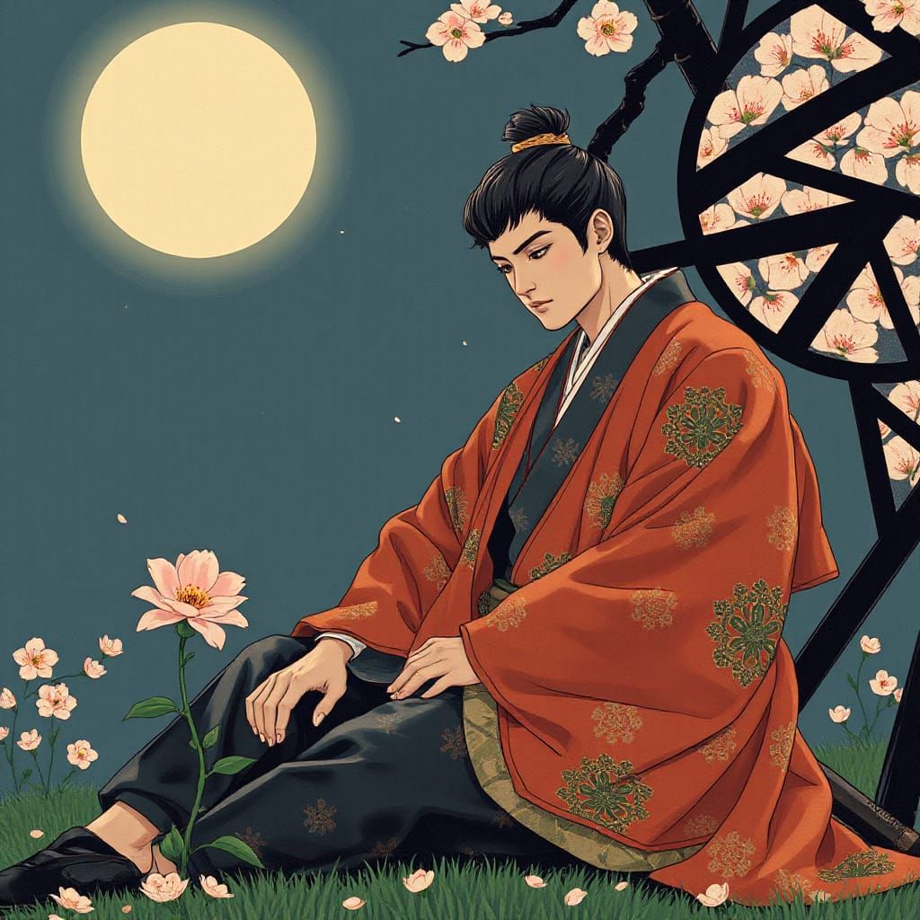 Gay Samurai in Moonlit Garden, Japanese Art Style