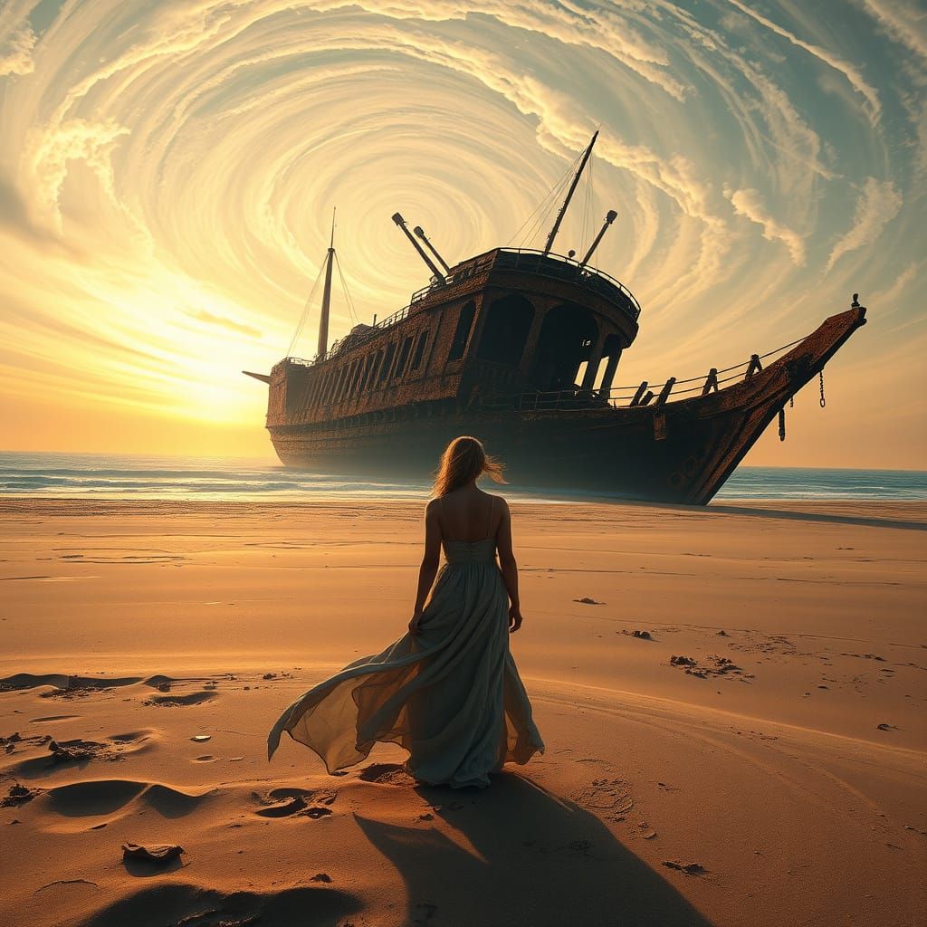 Surreal Beachscape with Ancient Shipwreck in Warm Golden Lig...