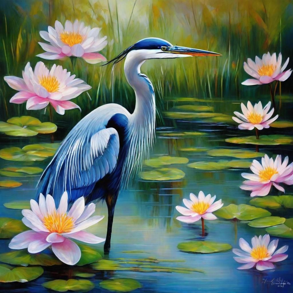Blue Heron in Lush Pond: Hyperrealistic Art