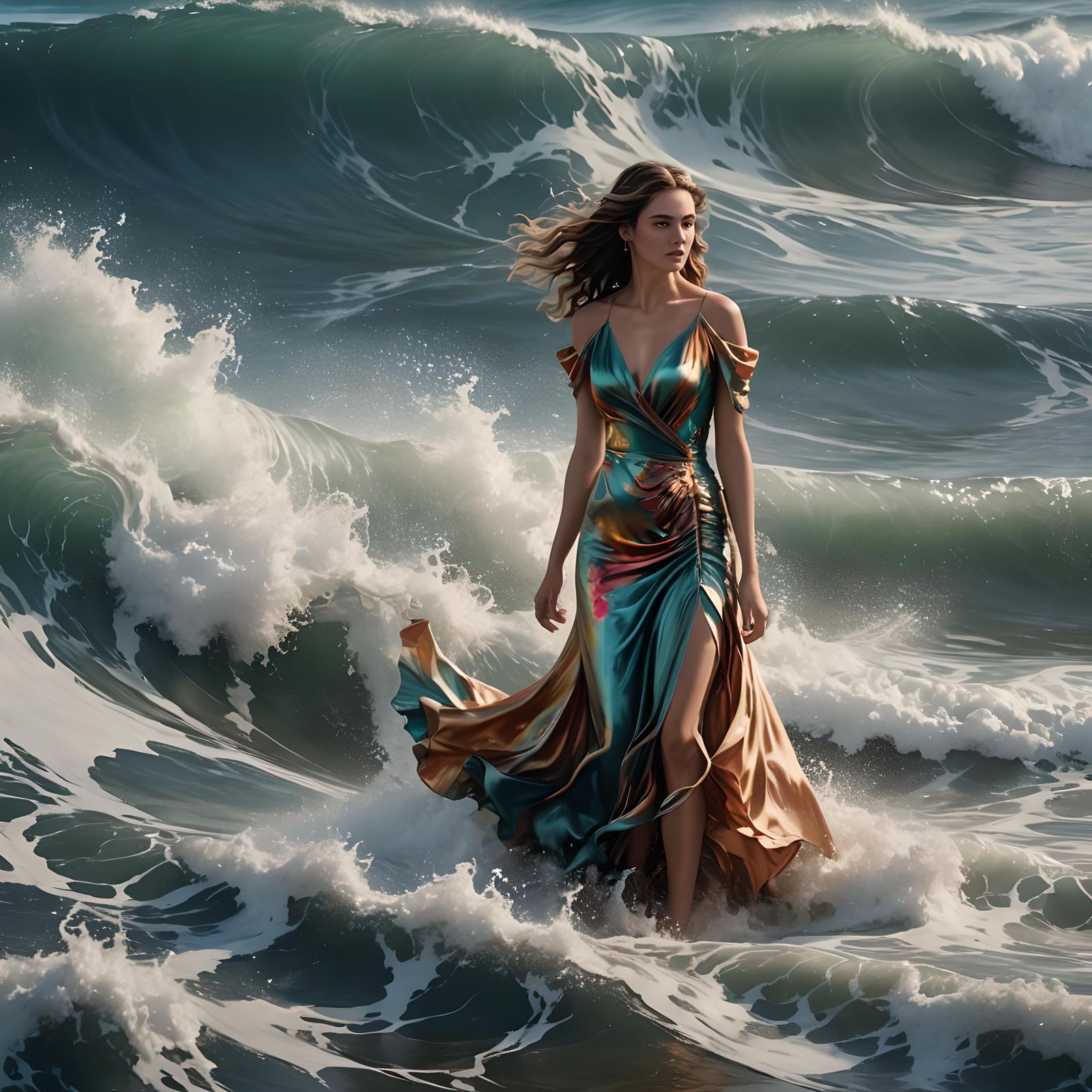 Woman in Ocean Wave Silk Dress: Photorealistic Art