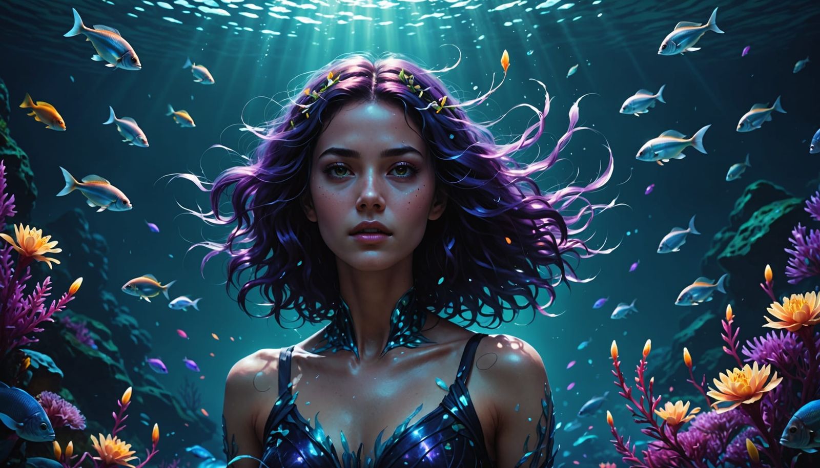 Ethereal Woman in Bioluminescent Ocean - Dark Fantasy Art