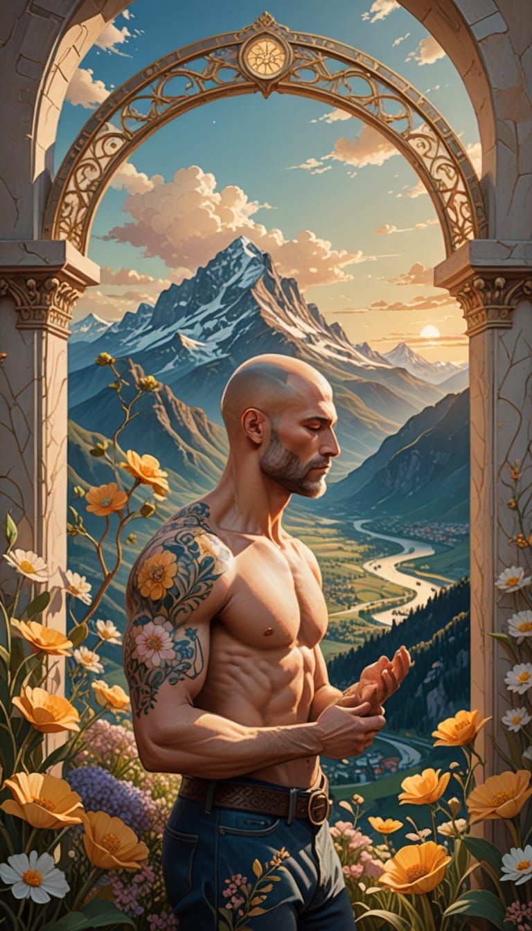 Embraced Men with Floral Tattoos in Klimt Style