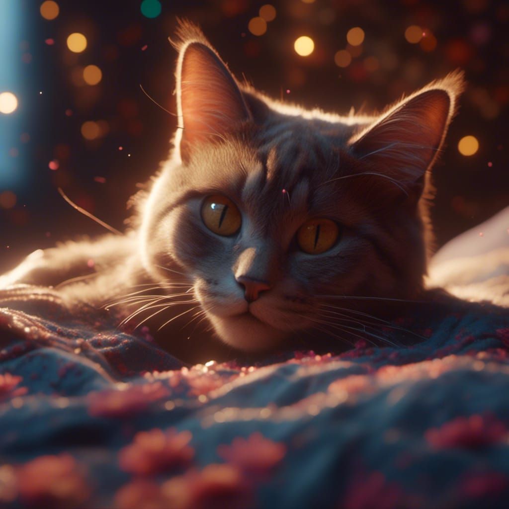 Content Cat Purring in Detailed Digital Painting