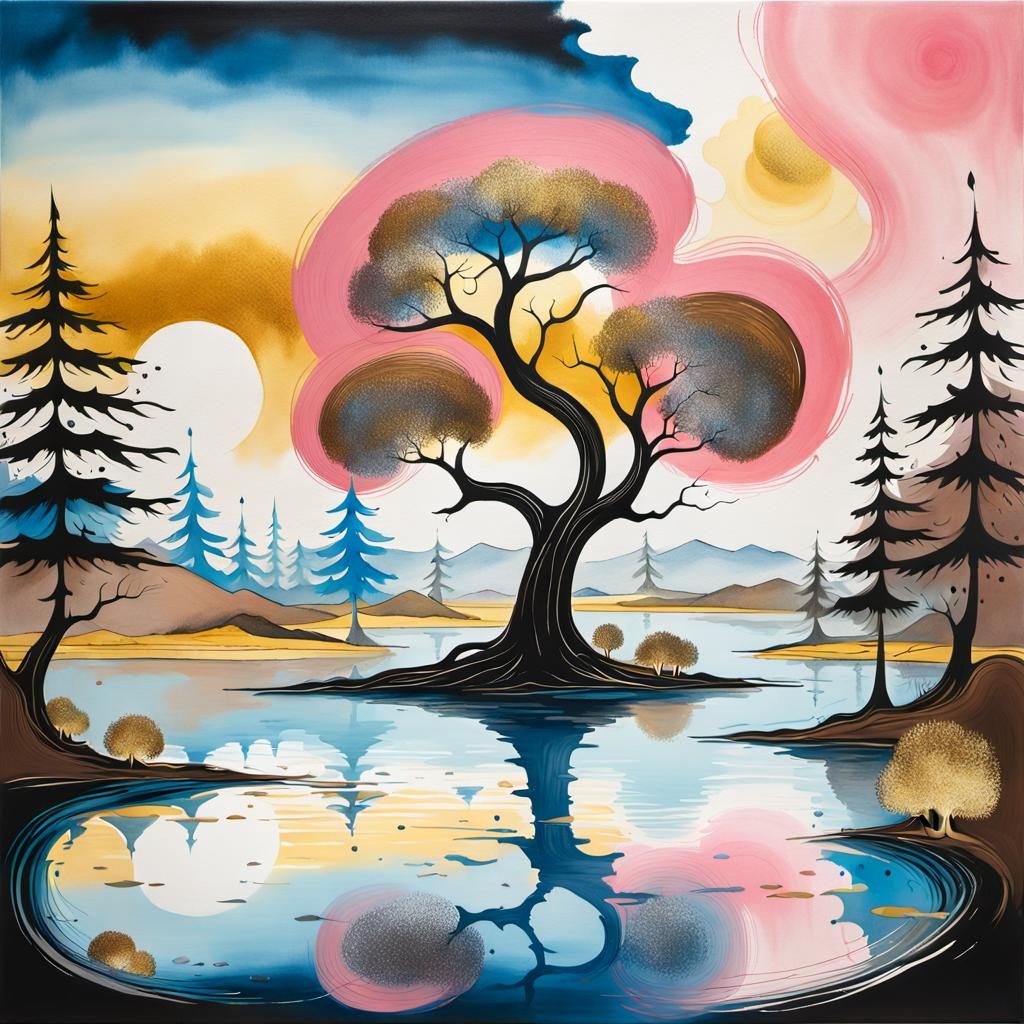 Dr. Seuss-Style Tree Near Water Painting