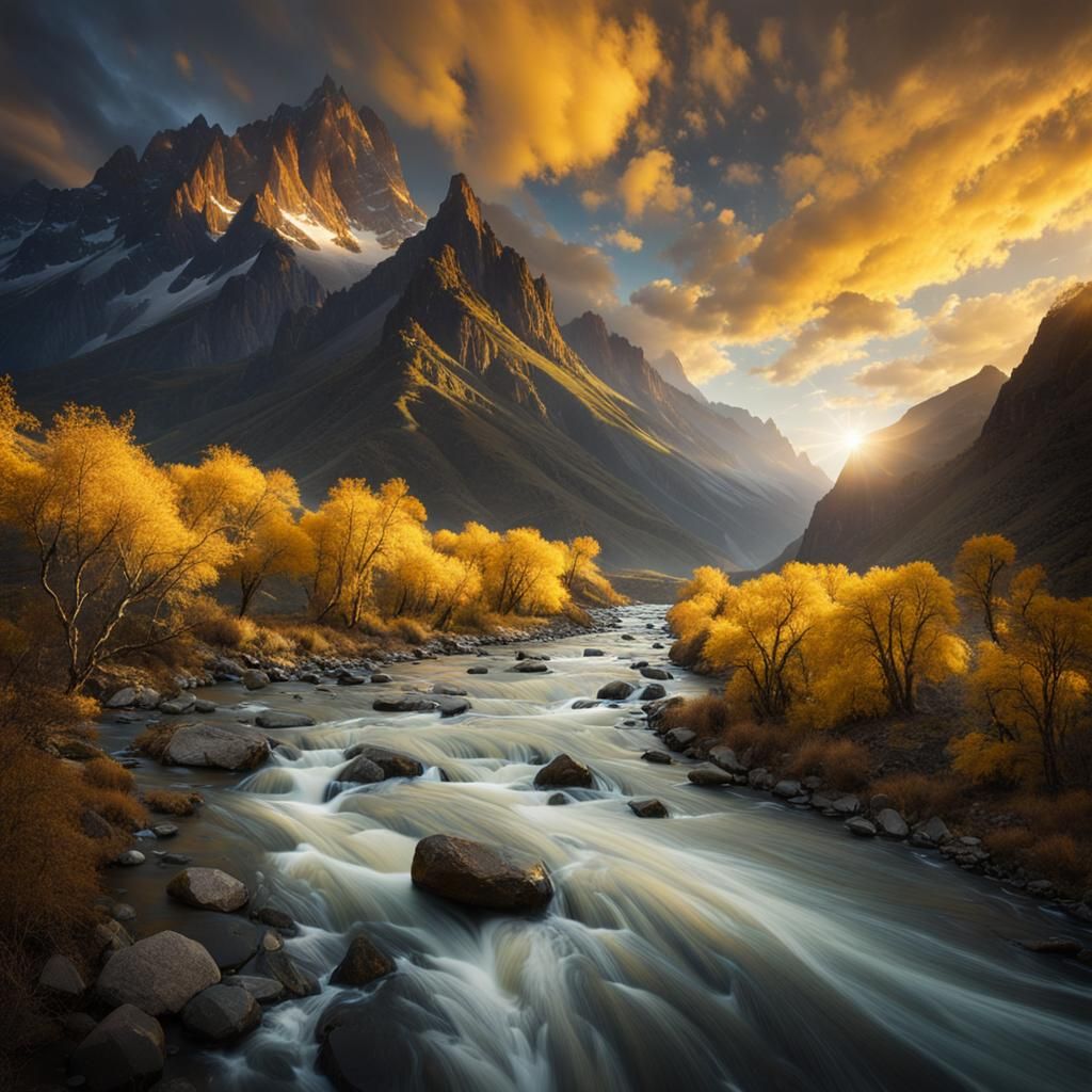 Mountain River Flows with Magic Light