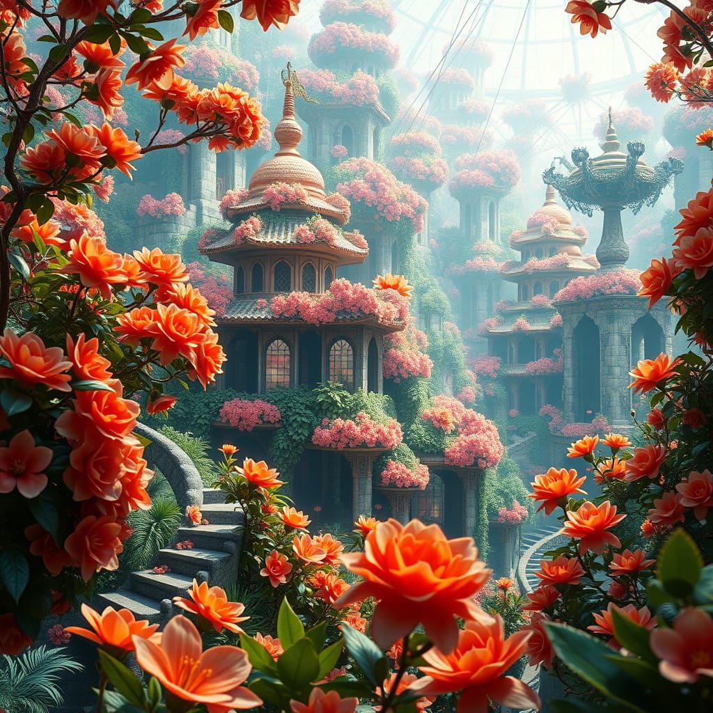 Surreal Garden with Blossoms and Geodesic Curves