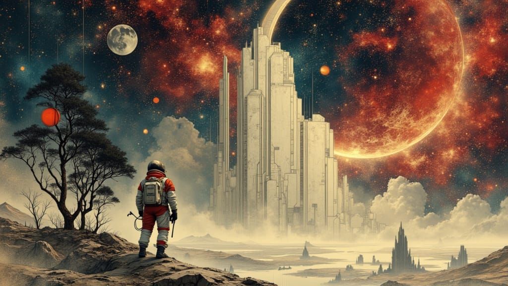 Astronaut and Alien Gaze at Cosmic Sky