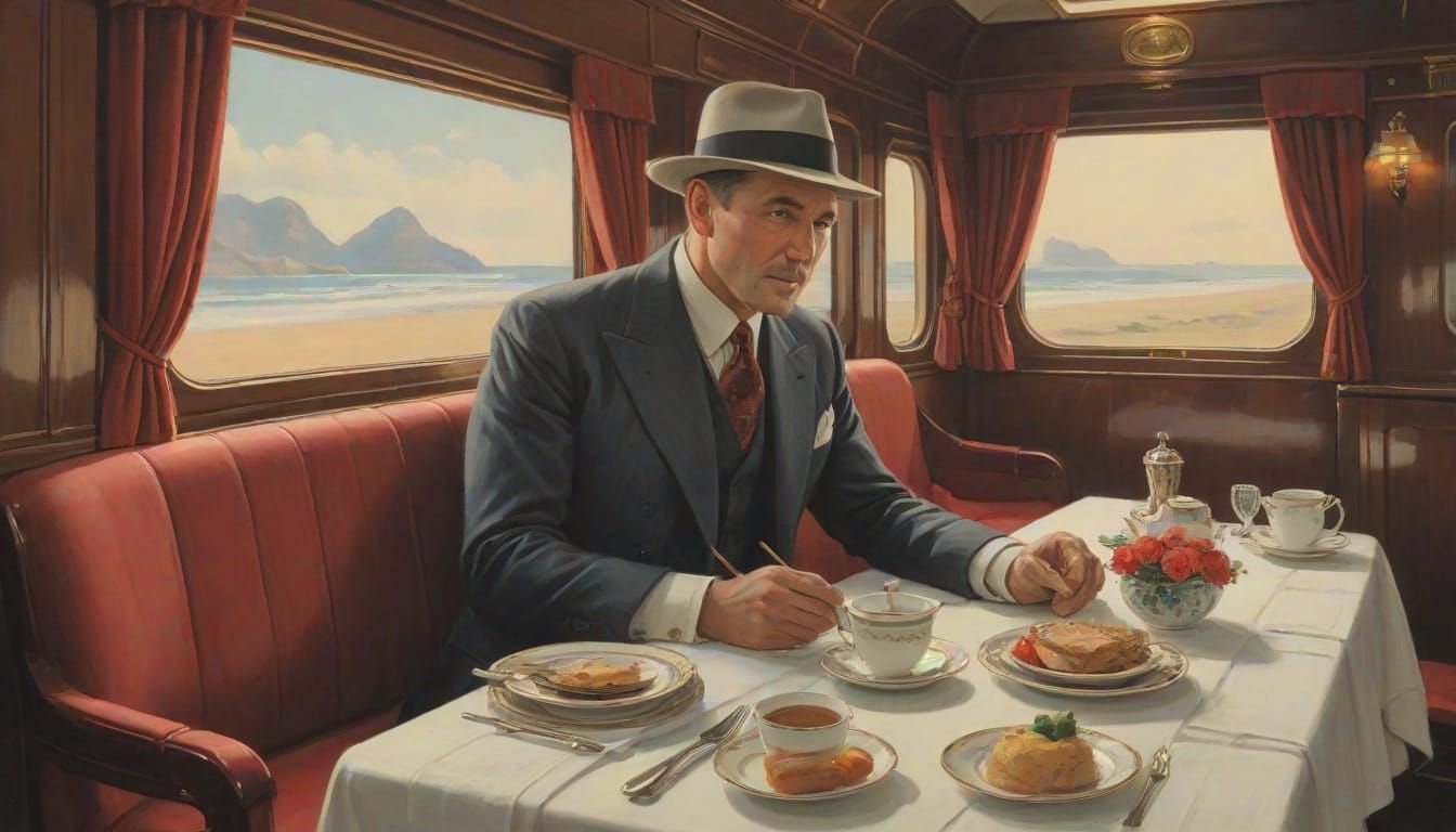 Elegant Railway Dining Car Scene, 1930s
