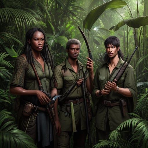 Hyper-Realistic African Rainforest Scene with Hunters