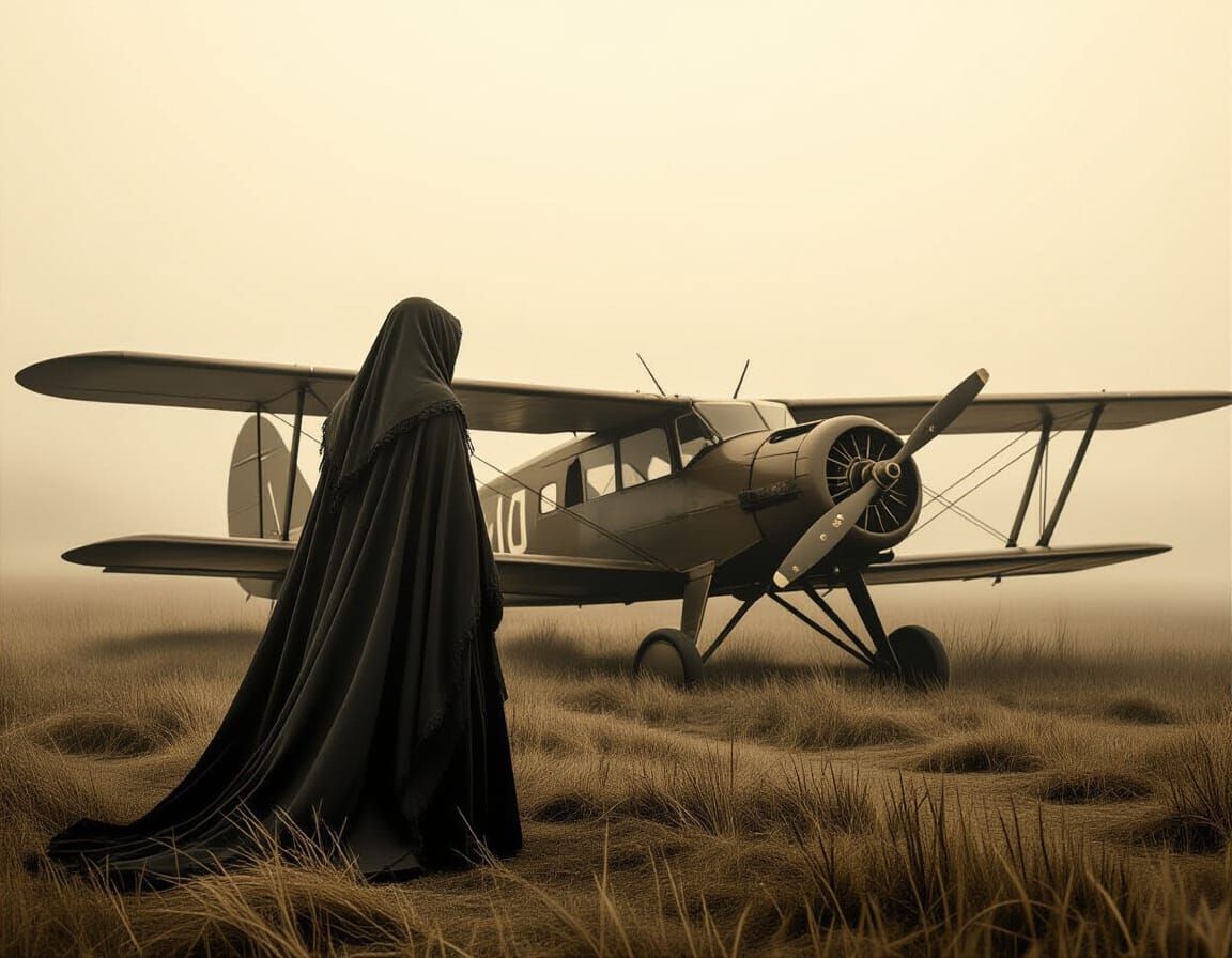 Mysterious Witch Beside Abandoned Biplane in Foggy Field