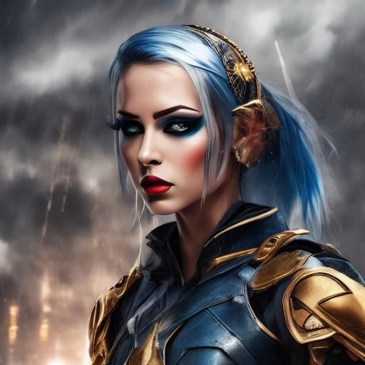 <lora:Rave:1.0> Girl, short assimetric black and blue hair, great and nice Golden eyes, girly, lovely, cute, warrior